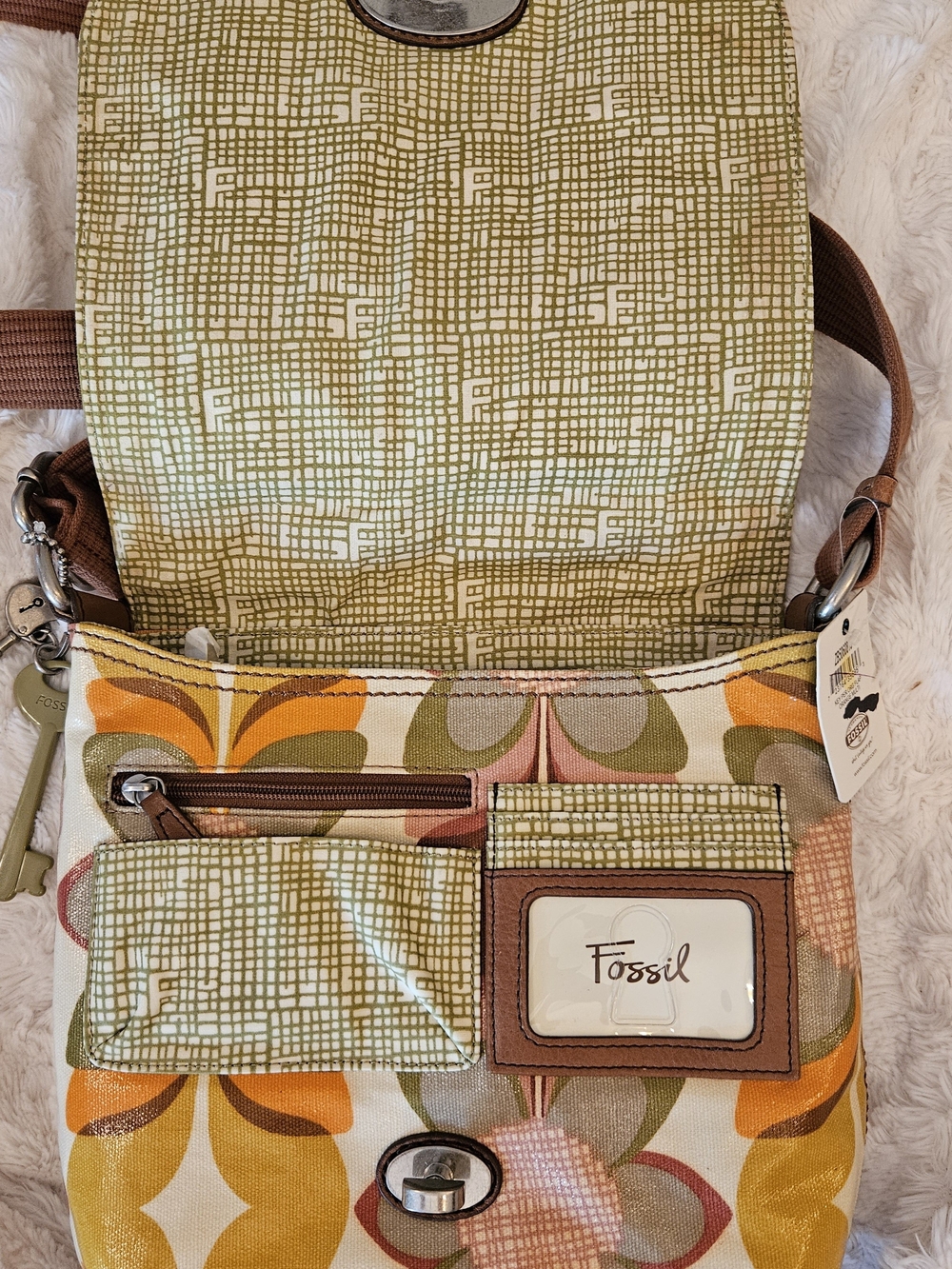 Fossil☆Key-Per☆Retro Floral Canvas Crossbody Bag in Brown and Mustard - Picture 5 of 13
